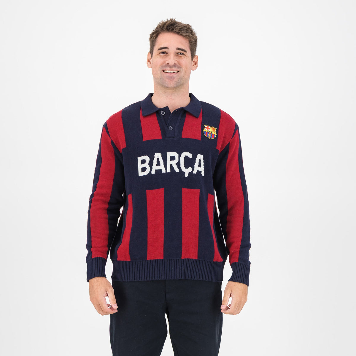 Barcelona FC Stripe 2 Button Long Sleeve Knit Polo Navy