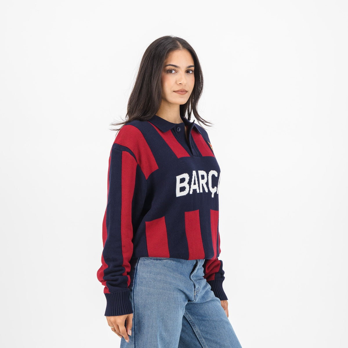Barcelona FC Stripe 2 Button Long Sleeve Knit Polo Navy