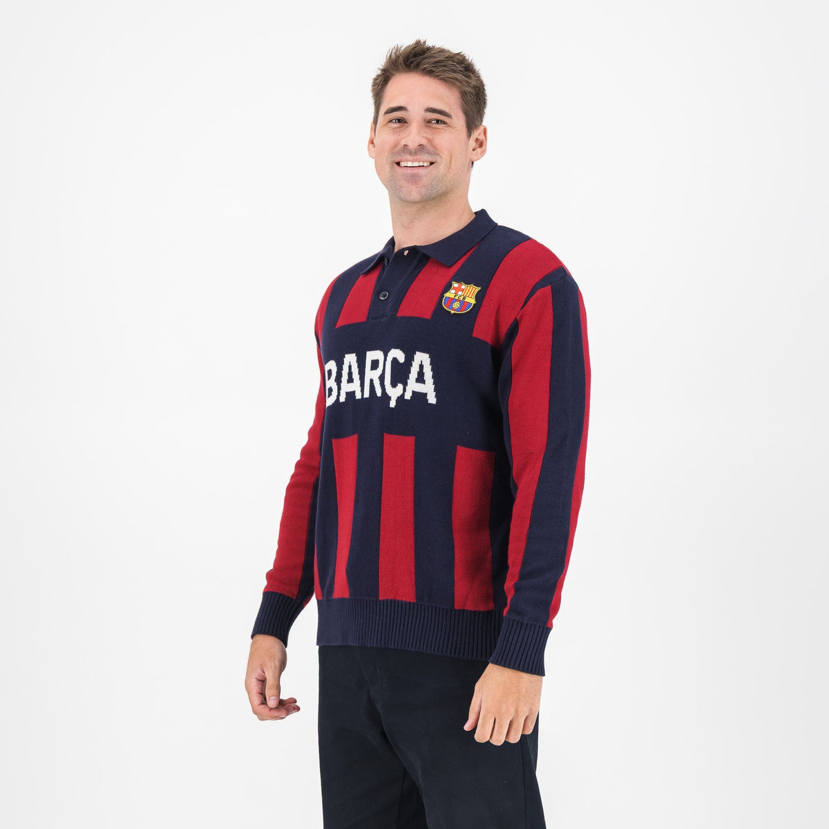 Barcelona FC Stripe 2 Button Long Sleeve Knit Polo Navy