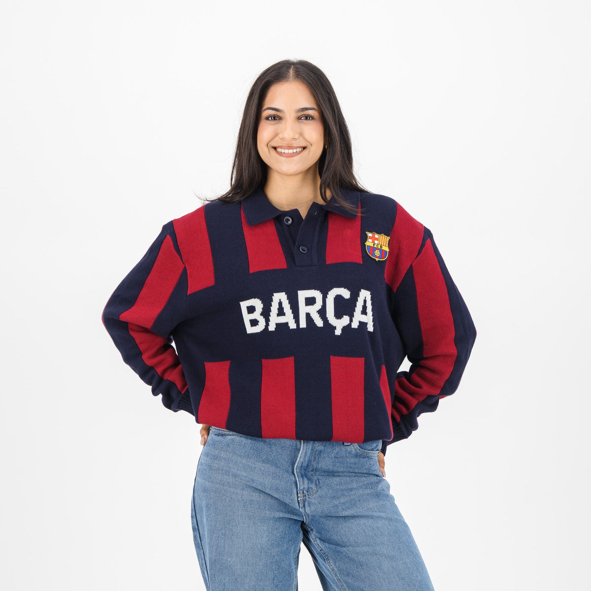 Barcelona FC Stripe 2 Button Long Sleeve Knit Polo Navy