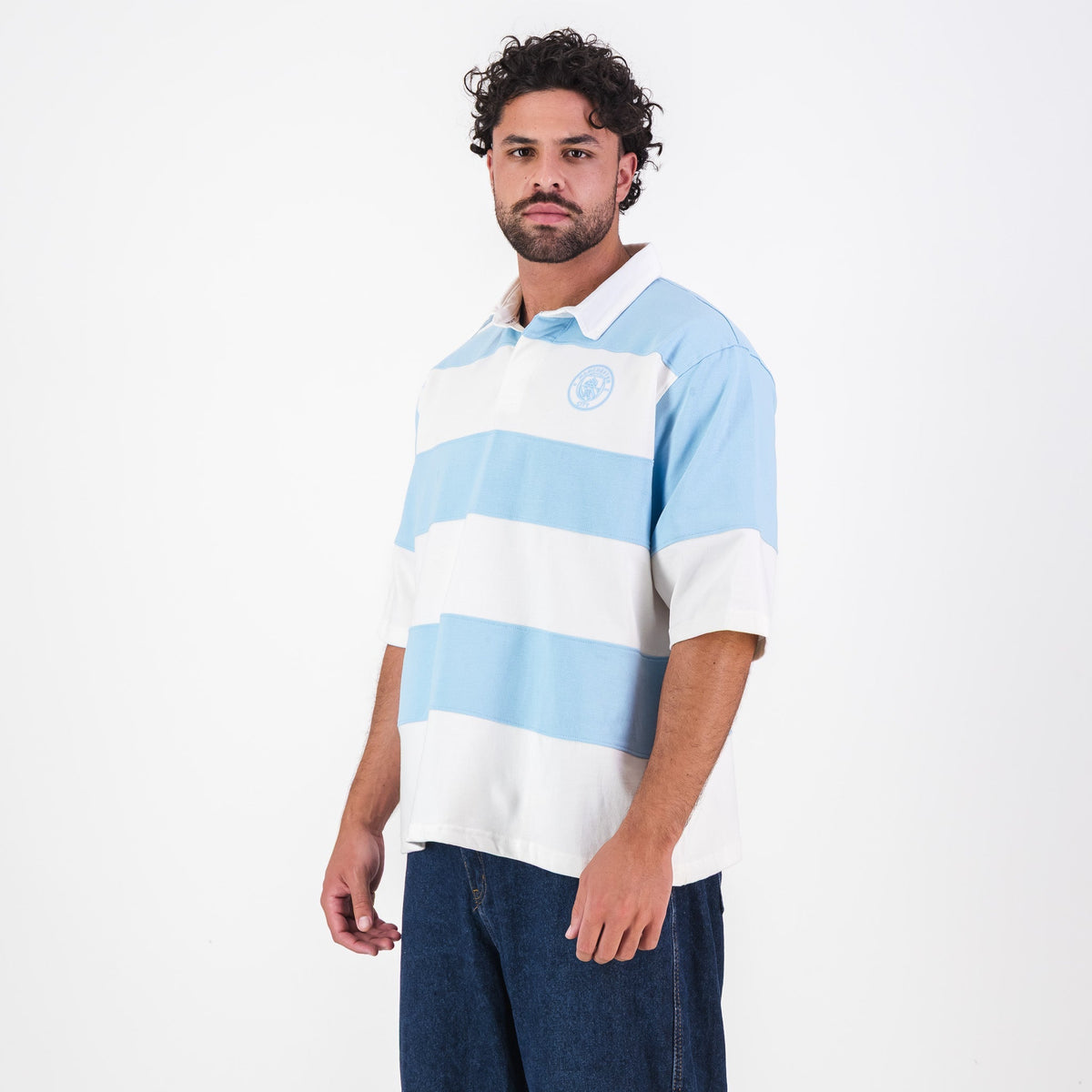 Manchester City Stripe SS Rugby Polo - Sky Blue