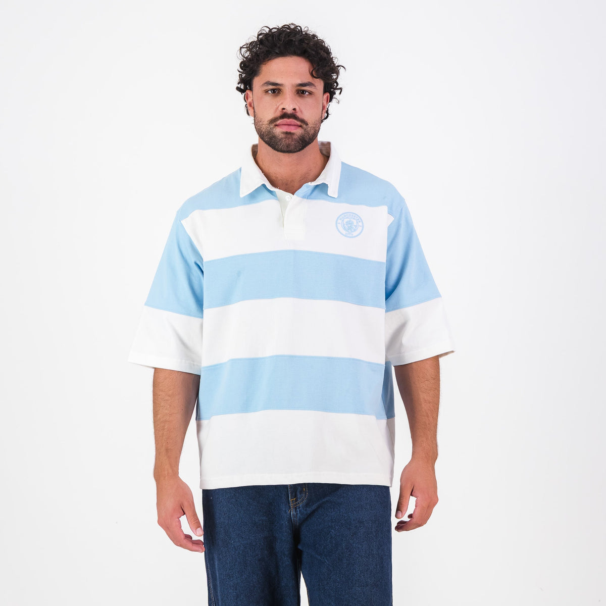 Manchester City Stripe SS Rugby Polo - Sky Blue