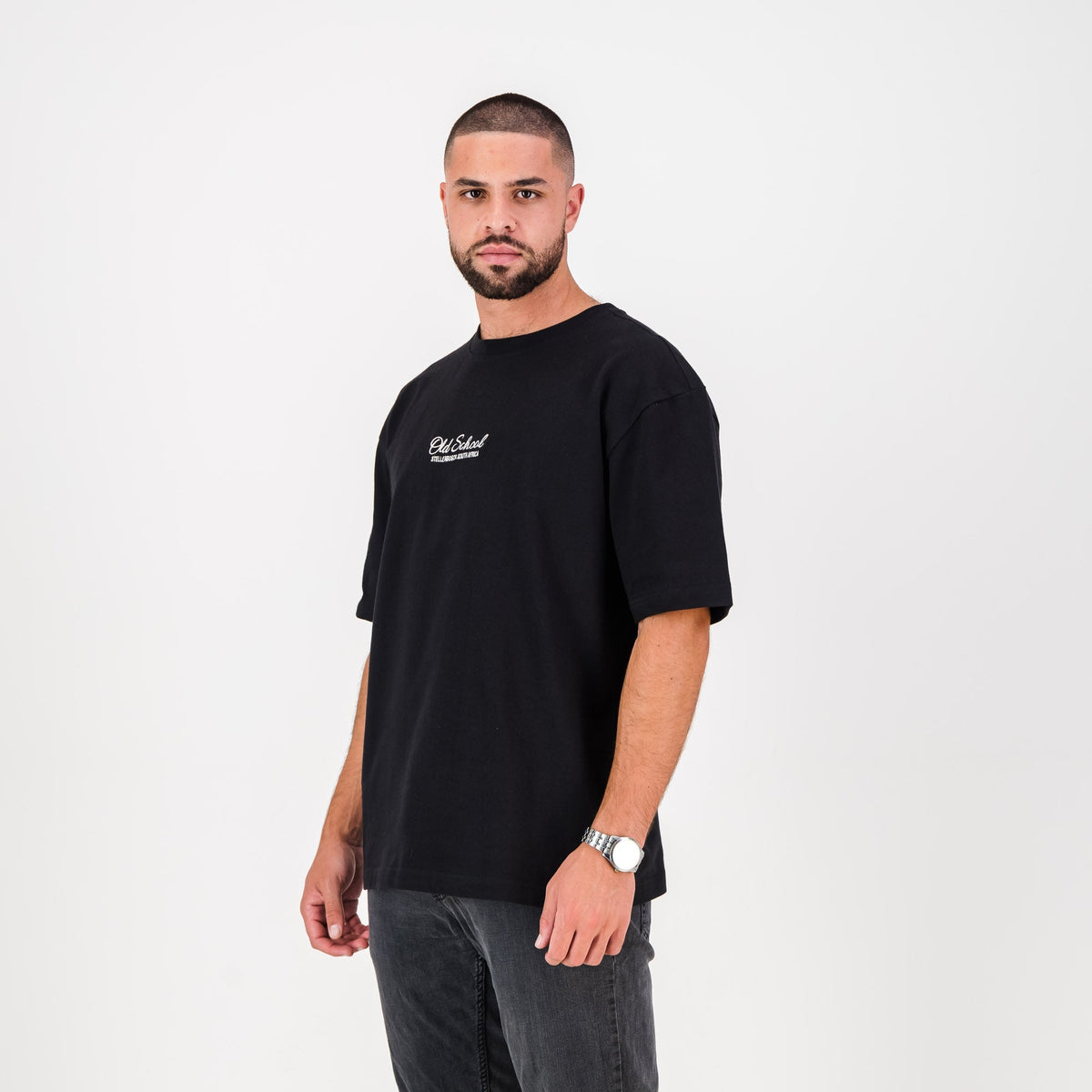 Old School Script Boxy Crew Tee-Black