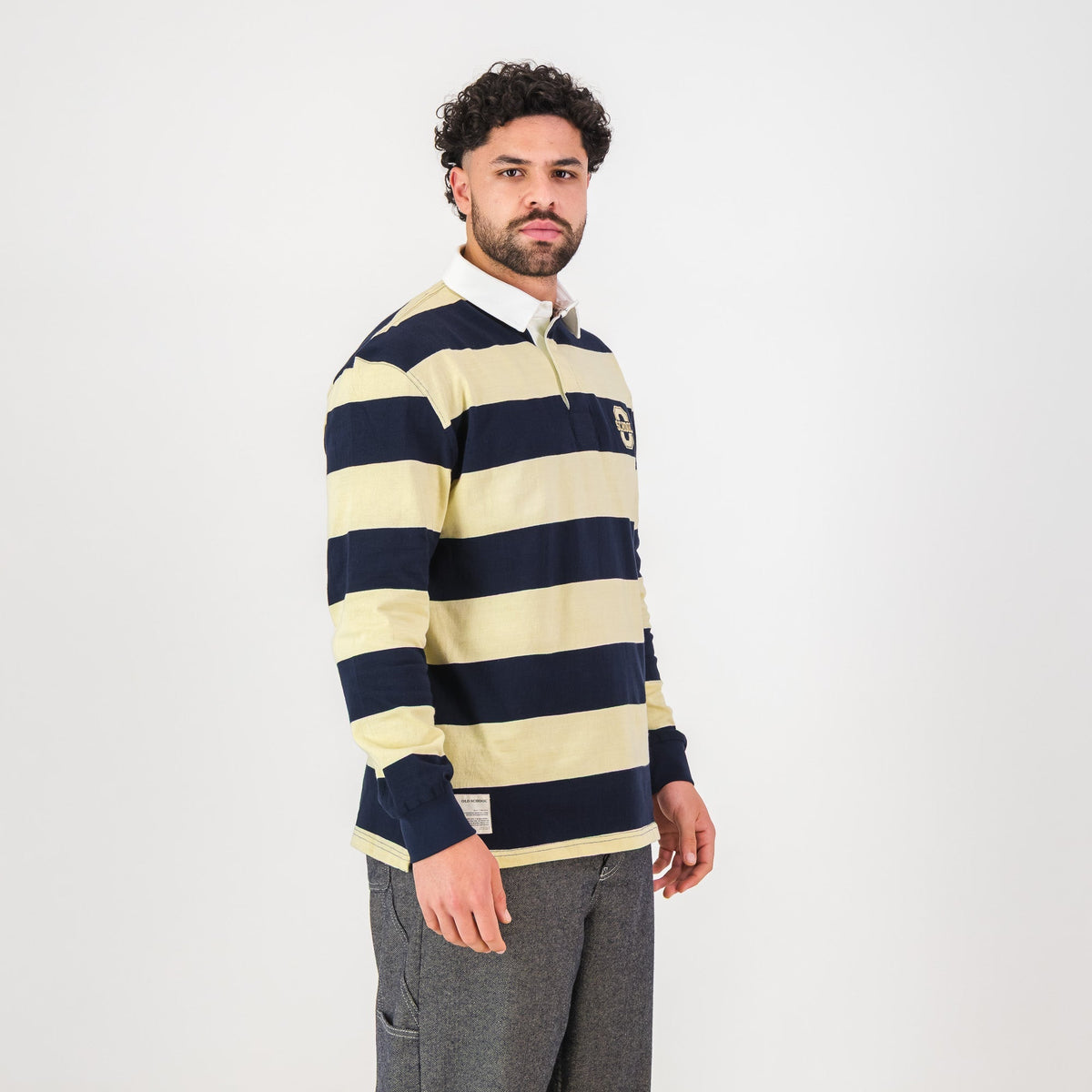 Old School YD Stripe 8X8 LS Rugby Jersey-Navy